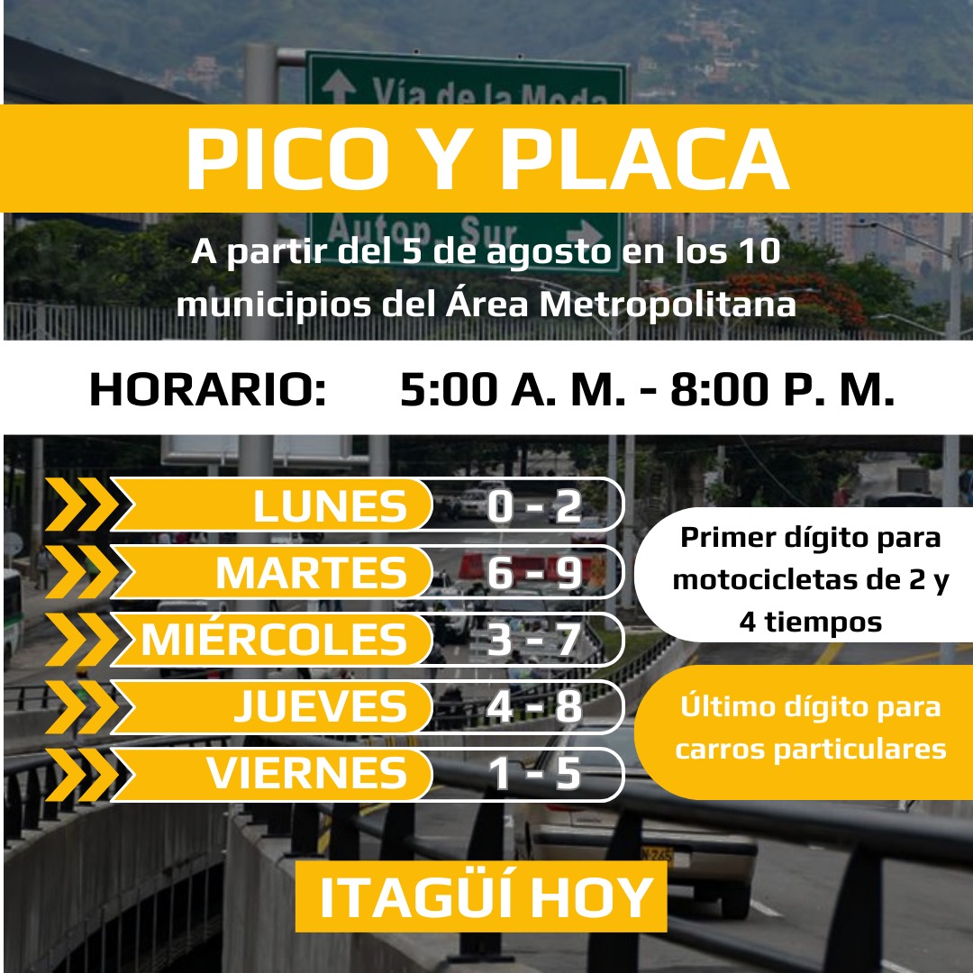 Así regirá el pico y placa en el Valle de Aburrá para el segundo semestre de este año - Itagüí Hoy | Noticias de Itagüí